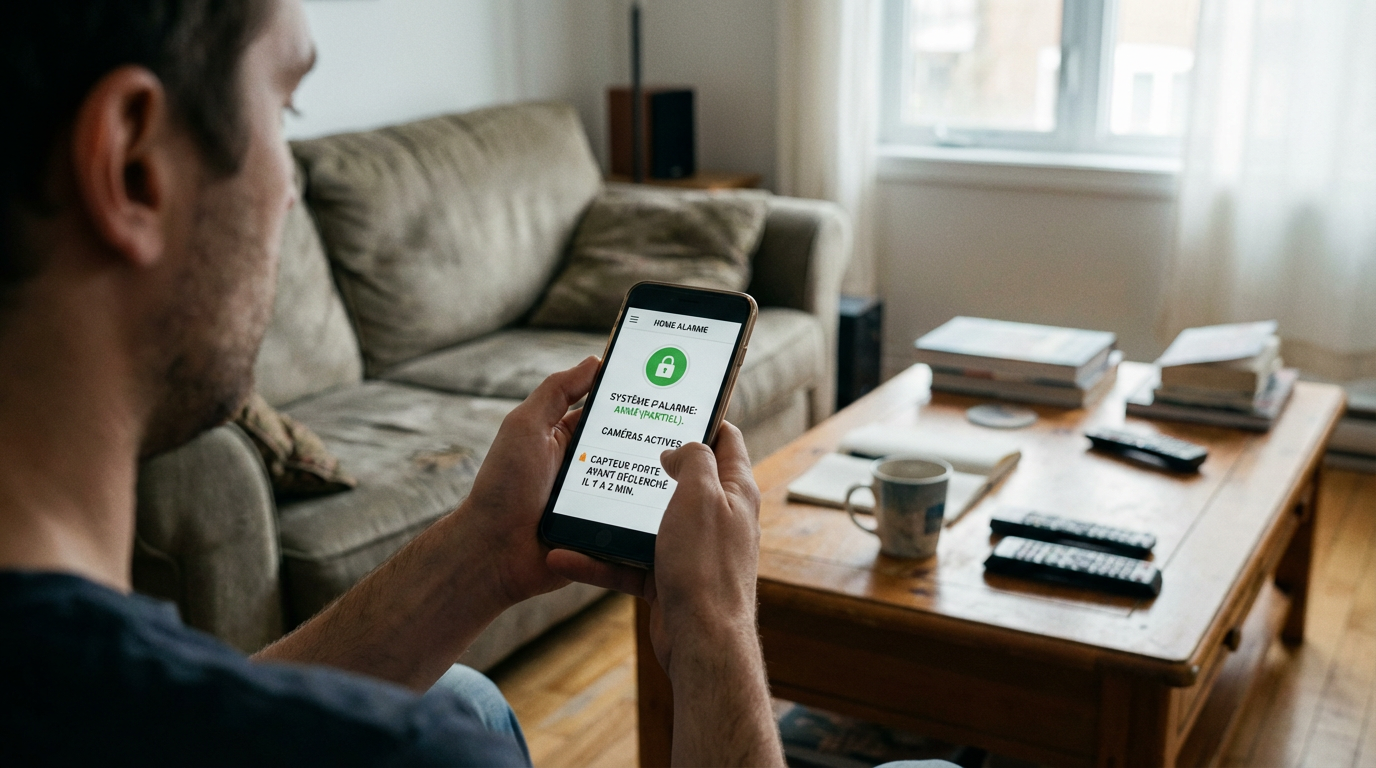 Personne consultant application alarme sur smartphone dans salon