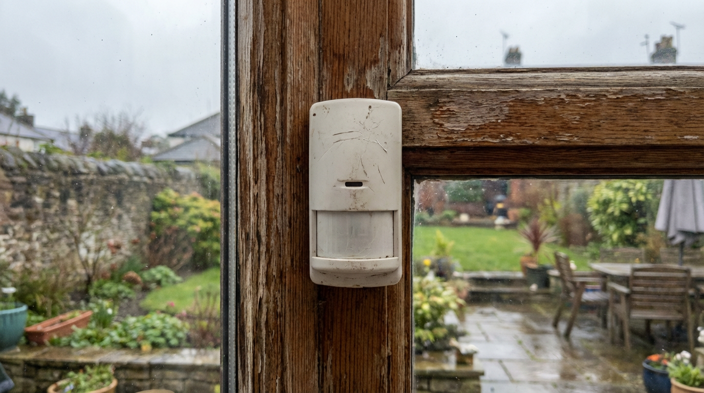 Capteur alarme sans fil installé sur fenêtre avec vue jardin