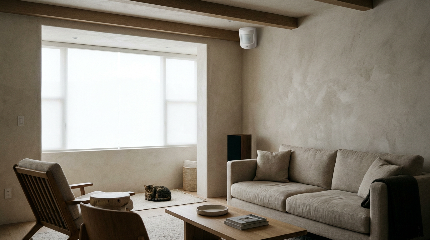 Détecteur de mouvement installé en angle avec chat en arrière-plan