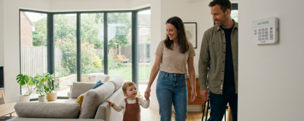 Famille passant devant clavier alarme dans salon moderne