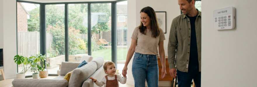 Famille passant devant clavier alarme dans salon moderne