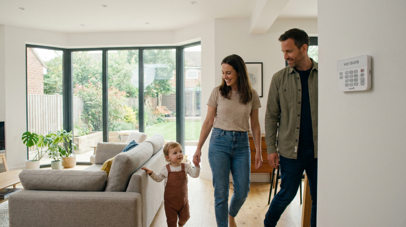 Famille passant devant clavier alarme dans salon moderne