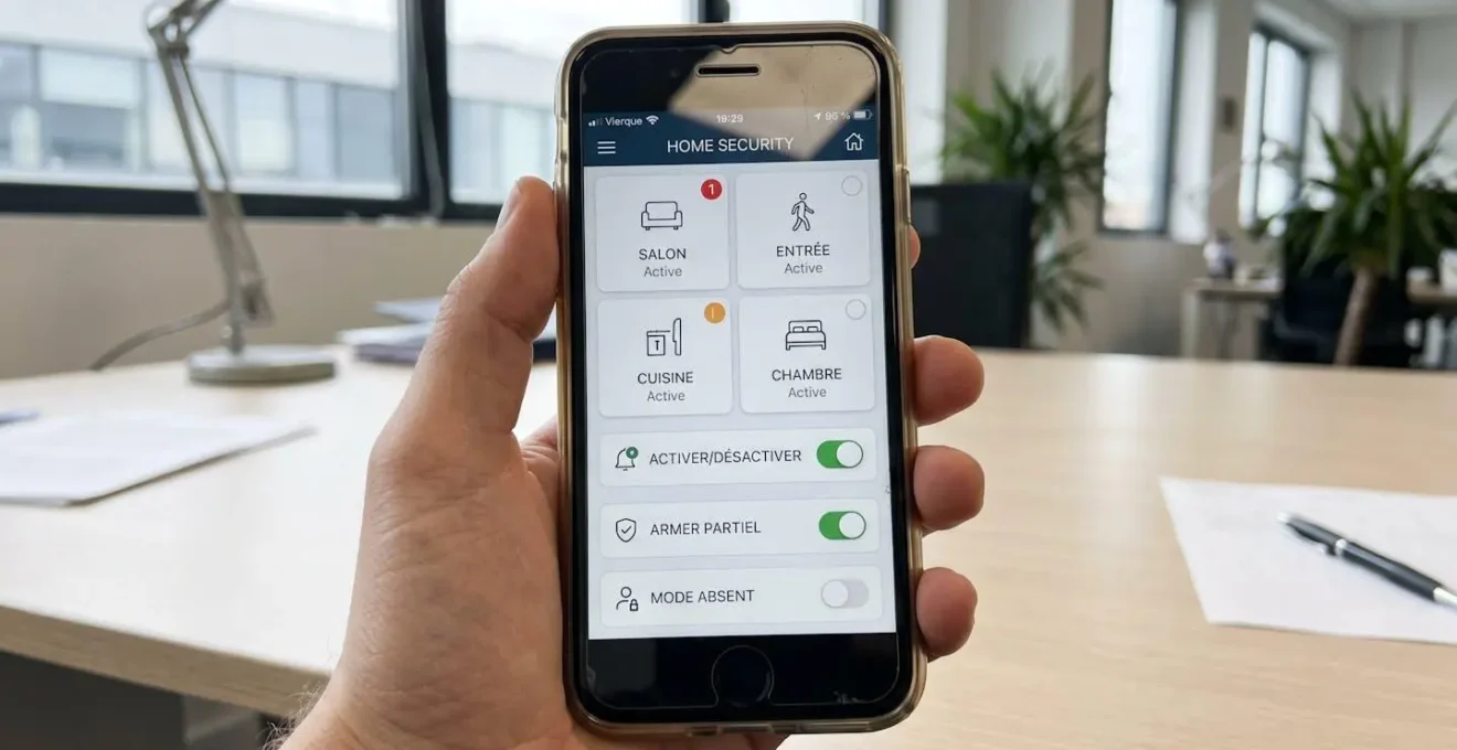 Gros plan sur un écran de smartphone affichant une interface d'application de télésurveillance avec zones d'alarme actives et notifications