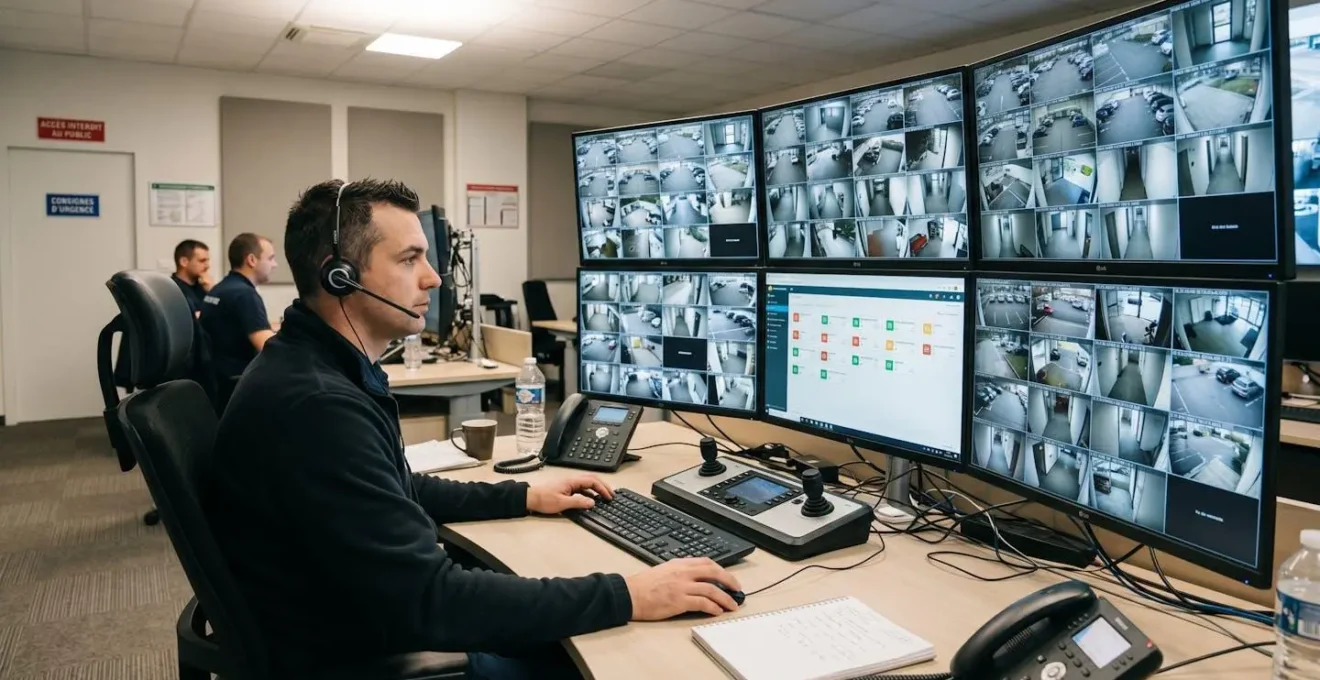 Opérateur de télésurveillance de profil devant plusieurs écrans affichant des flux de caméras et interfaces de gestion d'alarmes dans une station professionnelle