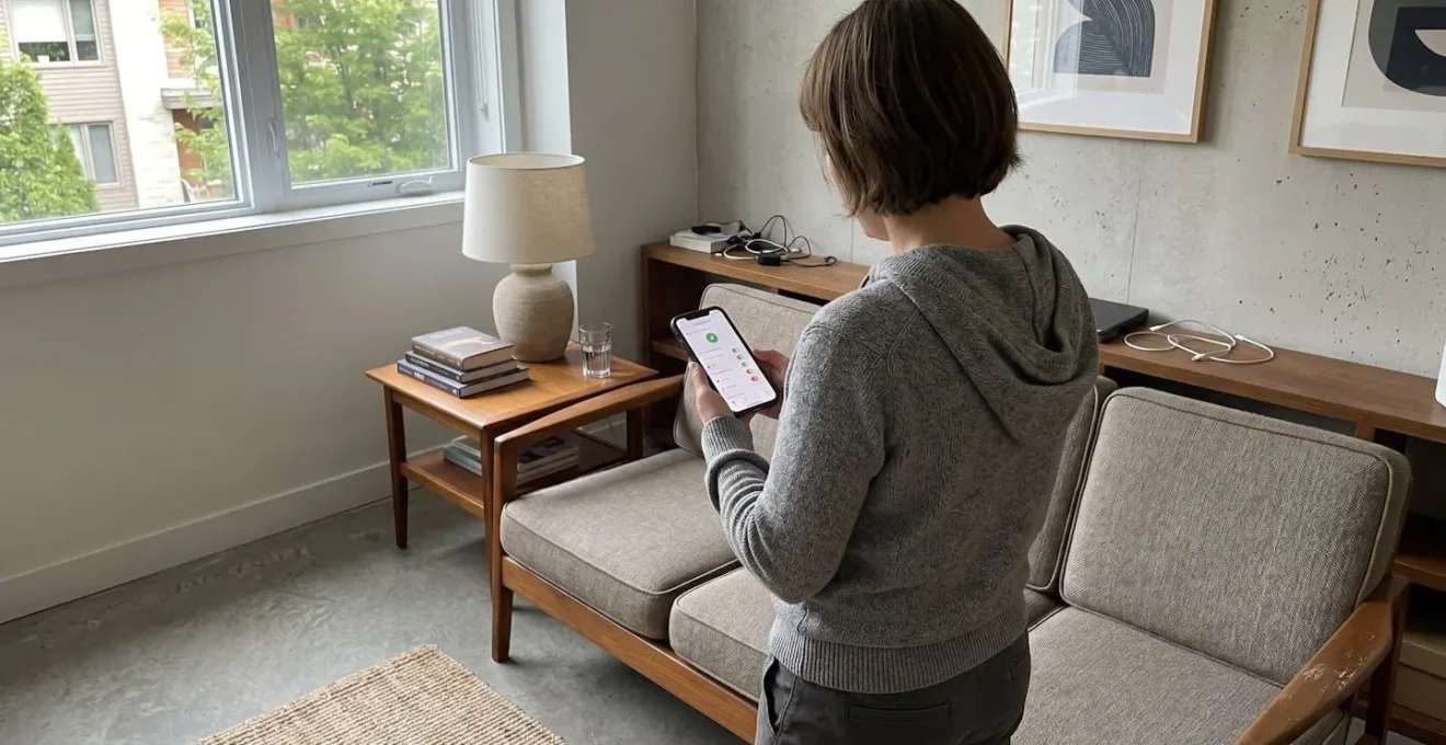 Une personne de dos consulte une application de télésurveillance sur son smartphone dans un salon moderne éclairé naturellement