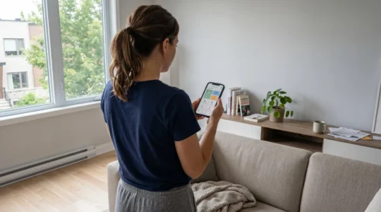 Une personne de dos consulte une application de télésurveillance sur son smartphone dans un salon moderne éclairé naturellement