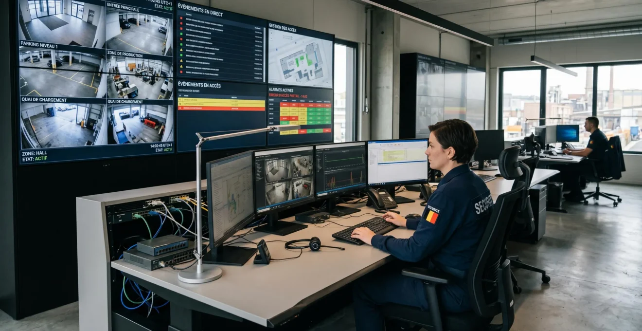 Centre de supervision de sécurité moderne avec opérateur surveillant des écrans d'interfaces unifiées d'alarme et vidéosurveillance