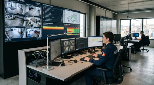 Centre de supervision de sécurité moderne avec opérateur surveillant des écrans d'interfaces unifiées d'alarme et vidéosurveillance