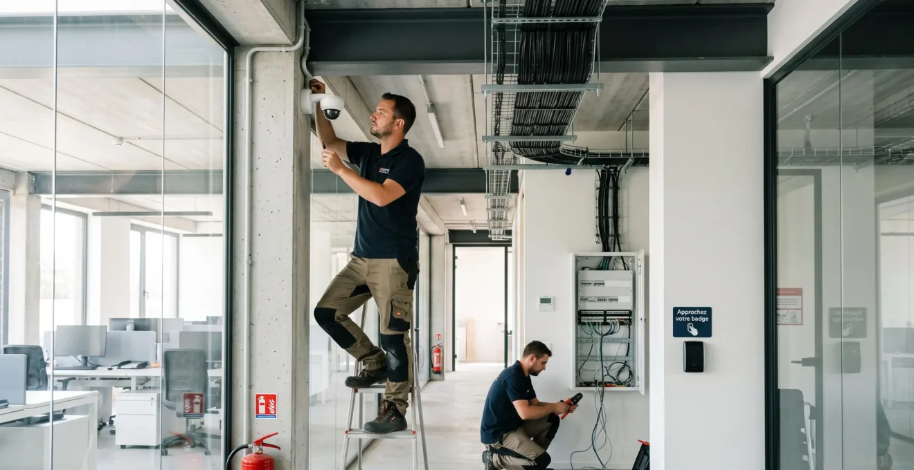 Installation professionnelle d'équipements de sécurité intégrés par technicien certifié dans bureau moderne belge